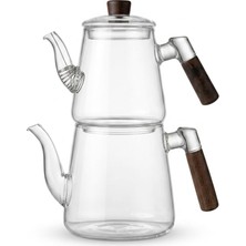 Zemira Deconox 1000 ml + 750 ml Akasya Ahşap Kulplu Cam Çaydanlık Takımı - Isıya Dayanıklı Borosilikat Pür