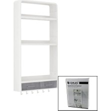 Omaş-Tera OM-0817 Yapışkanlı Duvar Organizeri Plastik 2 Çekmece 40CM 3 Raf 14CM-19CM-30CM 6 Askı