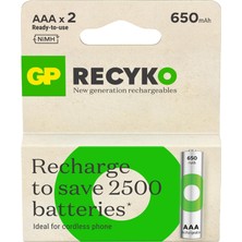 Zemira Batteries Recyko 650 Aaa Ince Kalem Ni-Mh Şarjlı Pil, 1.2 Volt, 2'li Kart