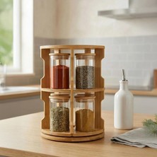Zemira Deconox Doğal Bambu 360° Döner Standlı 10'lu Cam Baharatlık Seti - Büyük Boy (250 Ml) Ahşap Kapaklı
