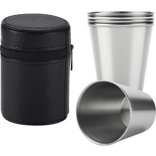 Zemira 4'lü Paslanmaz Çelik Shot Kahve Kamp Bardağı Seti 70 ml Deri Kılıflı Mini Bardak Seti