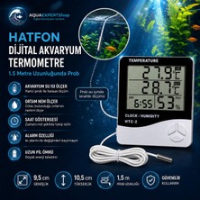 Hatfon Elektronik Dijital Akvaryum Termometresi, 1,5 Metre Problu, Ortam Nem Ölçer, Saat ve Alarm - Hassas Ölçüm - Uzun Pil Ömrü