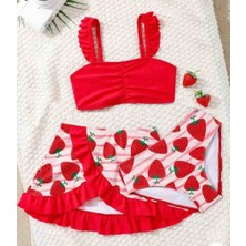 Kız Çocuk Kırmızı Çilekli Üç Parça Etekli Bikini Takımı Mayo