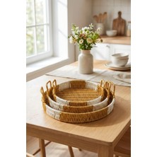 Zemira Iç Içe Geçebilen 3'lü Yuvarlak Plastik Rattan Tepsi Seti, Hasır Görünümlü, Bej, 28X31.5X35 C