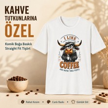 Tişört Kodu I Like Coffee Komik Boğa Baskılı Beyaz Straight Fit Tişört