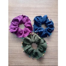Zemira Büyük Boy Tahta Boncuk Işlemeli Scrunchie Saç Tokası, Lacivert, Yeşil Mor, 3 Adet