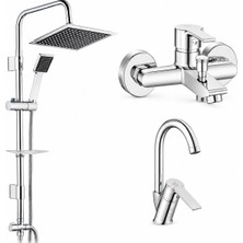 E.c.a Ar Lite Banyo Bataryası + Ar Lite Kuğu Borulu Lavabo Bataryası + Tema 53260 Quadro Rain Pratik Duş Sistemi