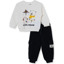 Hellobaby Erkek Bebek Eşofman Takımı Ayı Baskılı Bisiklet Yaka Long Sleeve Ribanalı