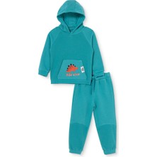 Hellobaby Erkek Bebek Eşofman Takımı Dinozor Baskılı Bağcıklı Kapüşonlu Long Sleeve Ribanalı