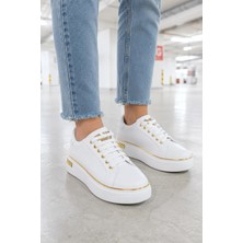 Mevese Elora Bağcıklı Konfor Taban Kadın Sneaker – Beyaz/altın