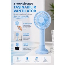 Ecuy 3 Fonksiyonlu Telefon Tutuculu Taşınabilir El ve Masaüstü Vantilatör Şarjlı 3 Kademeli Mini Fan USB