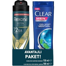 Rexona Men Champions Deodorant Sprey 150 ml + Clear Men Cool Sport Menthol Şampuan 180 ml (8'li Paket)