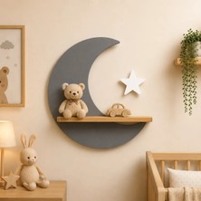 Maks Home Ahşap Çocuk Odası Duvar Rafı 🌙 Ay | Doğal Ihlamur Ahşap & Mdf | Dekoratif Oyuncak & Aksesuar Rafı