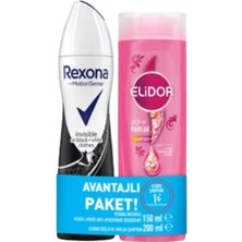 Rexona Invisible Black And White Deodorant Sprey 150 ml + Elidor Güçlü ve Parlak Bakım Şampuanı 200 ml (3'li Paket)