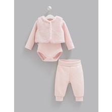 Caramell Kız Bebek 3'lü Takımı Pembe Peluş Yelekli Kapitone Altlı Uzun Kollu Body 3'lü Bebek Takımı