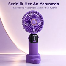 Mkio Şarjlı El Vantilatörü 5 Kademeli, Katlanabilir Dijital Ekranlı Mini El Fanı, 1200 Mah, 5 Pervaneli Güçlü Hava Akışı, Standlı Masaüstü Fan, USB Şarjlı - Mor