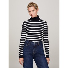 Tommy Hilfiger Kadın Örme Desenli Boğazlı Uzun Kol Günlük Kullanım Siyah-Beyaz Kazak WW0WW40678-0A8