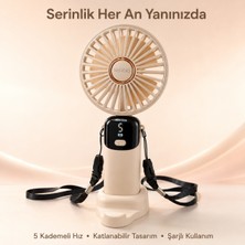 Mkio Şarjlı El Vantilatörü 5 Kademeli, Katlanabilir Dijital Ekranlı Mini El Fanı, 1200 Mah, 5 Pervaneli Güçlü Hava Akışı, Standlı Masaüstü Fan, USB Şarjlı - Krem