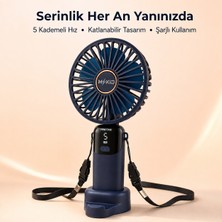 Mkio Şarjlı El Vantilatörü 5 Kademeli, Katlanabilir Dijital Ekranlı Mini El Fanı, 1200 Mah, 5 Pervaneli Güçlü Hava Akışı, Standlı Masaüstü Fan, USB Şarjlı - Lacivert