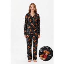 Fames Kadın Mevsimlik Süet Uzun Kol Ayıcık Desen Pijama Takımı