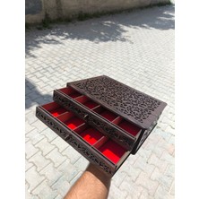 Nevel Özel Tasarım Ahşap 2 Çekmeceli 16 Gözlü Takı, Saat ve Tesbih Kutusu - Lazer Kesim Geometrik Motifli Organizer