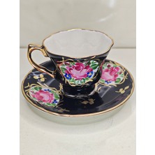 Manushum El Boyama Porselen Vintage Royal Kahve Fincanı-Siyah 1 Adet