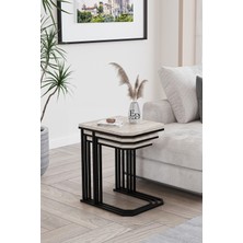 ED Efelez Design Lyon 3'lü C Zigon Sehpa Siyah Metal -Traverten Tabla