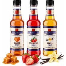 Simonelli 3'lü Kahve Şurubu Seti 3x250 ml (Karamel + Vanilya + Çilek) - İçecek ve Kokteyl Şurubu
