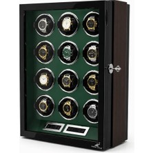 Robert Taylor Watch Winder Belgravia Collection – 12 Slotlu Ultra Sessiz Otomatik Saat Kurma Kabini (Ahşap Gövdeli, Anahtarlı Kilit Sistemli, Siyah & Yeşil)