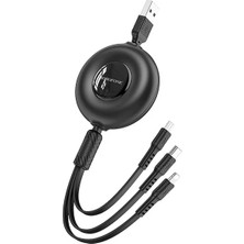 Borofone BX74 Makaralı 3 in 1 Şarj Kablosu (Type-C + Lightning + Micro USB) 1m - Siyah