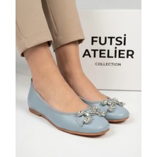 Futsi Shoes Mıstral Mavi Hakiki Deri Taş Aksesuar Detaylı Kadın Babet Ayakkabı
