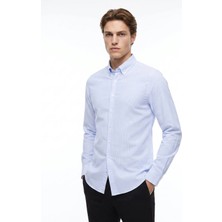 Altınyıldız Classics Mavi Erkek Düğmeli Tailored Fit Çizgili Gömlek ACE201262278