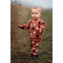 Antebies Organik Gots Sertifikalı Gün Batımı Kuş & Güneş Desenli, Uzun Kollu, Ribanalı Sweatshirt, Bel Lastikli Bağcıklı Pantolonlu Bebek Takımı