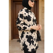 Kirazca Butik Kadın Premium Kontrast Desenli Oversize Gömlek Yaka Tesettür Tunik Rahat Kalıp 58, Standart