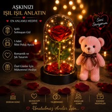 Kesene LED Işıklı Mika Fanus Solmayan Yapay Kırmızı Gül & 1 Mini Peluş Ayıcık Sevgiliye Romantik Hediye Set