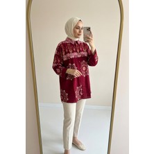 Kirazca Butik Kadın Desenli Oversize Gömlek Yaka Tesettür Tunik Rahat Kalıp