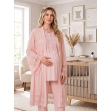 Lohussa Yeni Sezon Pembe Şık Dantel Detaylı Düğmeli Tasarım Kısa Kollu Hamile Lohusa Sabahlık Pijama Takımı Seti