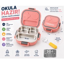 Kesene 304 Paslanmaz Çelik 3 Bölmeli Çocuk Beslenme Kutusu Sızdırmaz Lunch Box Kaşık Çatal Dahil 17CM Pembe