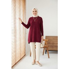 Kirazca Butik Kadın Merserize Geometrik Desenli Kol Düğmeli Tunik