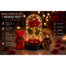 Kesene LED Işıklı Mika Fanus Solmayan Yapay Kırmızı Gül & 2 Mini Peluş Ayıcık Sevgiliye Romantik Hediye Set