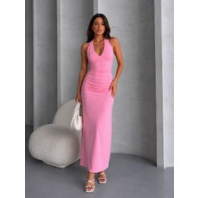 Yerteks Pembe Sırt Açık Elbise