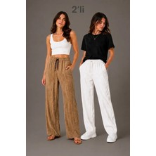 Lune Store 2li Bürümcük Kumaş Beli Lastikli Bağcıklı Bol Paça Pantolon - Beyaz/vizon
