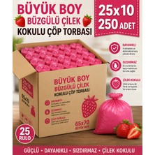 Çilek Kokulu Dayanıklı Büzgülü Büyük Boy 65X70 cm Çöp Torbası 1 Koli 25 Rulo 250 Adet