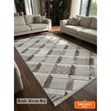 Dinarsu Krem Bej Saçaklı Modern Yıkanabilir Kabartmalı Kaymaz Taban Kesme Halı Yolluk