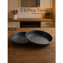 Jet's Home 2\'li Pizza Tavası Seti Alüminyum Pizza Tepsisi Yapışmaz Lahmacun Pide Tavası 24 cm