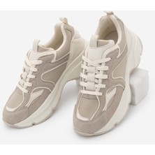 Marjin Kadın Sneaker Yüksek Kalın Taban Çok Parçalı Bağcıklı Spor Ayakkabı Merita Bej Süet