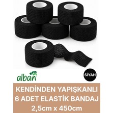 Alban 2,5cm 6'lı Set Kendinden Yapışkanlı Elastik Bandaj, Kohesiv Bandaj 2,5cm x 4.5m – Spor, Bilek, Ayak Bileği, Veteriner Bandajı