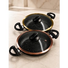 2 Li Ekonomik 18 Cm+20 cm Gold-Bronz Granit Cam Kapaklı Sahan Seti