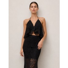 Rivus Boyundan Askılı Dantel Crop Bluz - Siyah
