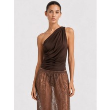 Rivus Tek Omuzlu Drape Detaylı Şık Body - Kahve